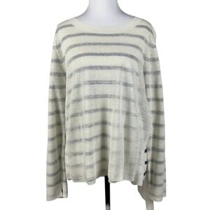 Eileen Fisher Linen Crepe Knit Top Womens M White Blue Stripe Sheer Layered NWT